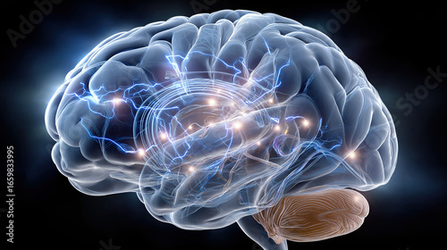 Detailed illustration of human brain with glowing neural connections and electric impulses, showcasing complexity of thought and cognition