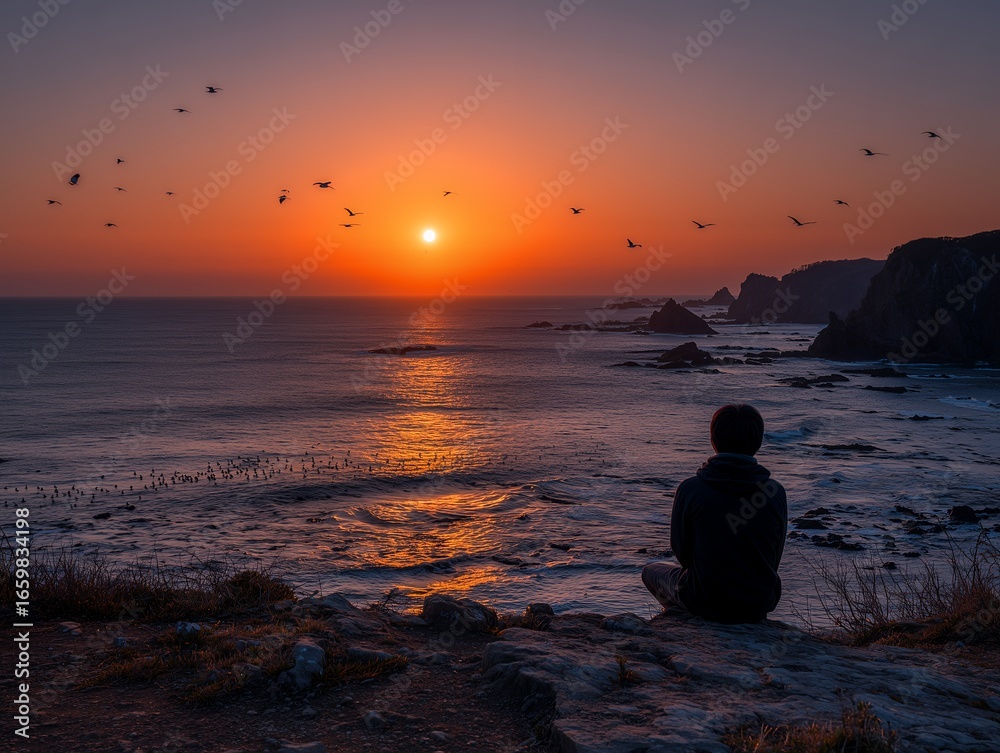 Fototapeta premium 夕日を眺める海辺の男性