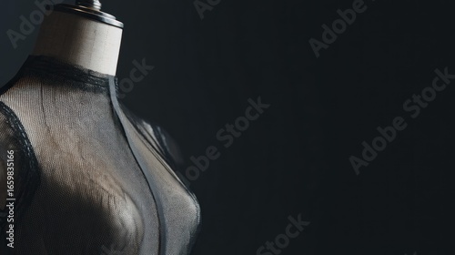 Elegant black sheer top on mannequin, studio shot with dark background