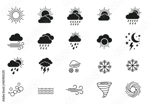 Vector illustration of set of weather icons depicting various atmospheric conditions like sun, clouds, rain, snow, wind, storms, and temperature changes