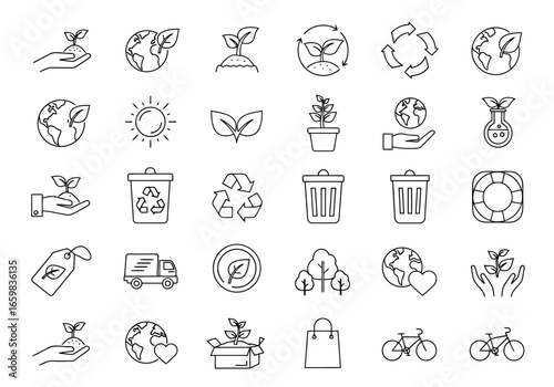 Vector illustration of collection of ecofriendly icons representing nature, sustainability, and environmental care