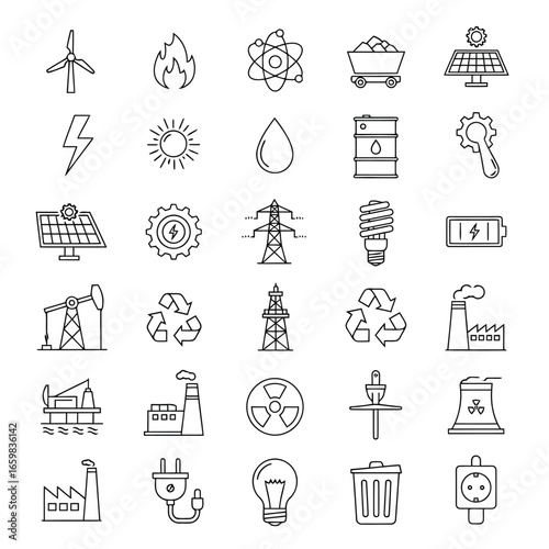 Vector illustration of set of energy and power icons including renewable and nonrenewable sources