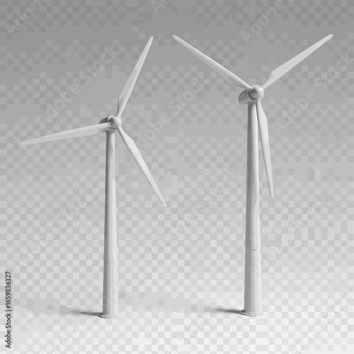 Vector illustration of two white wind turbines with large blades and towers, generating clean renewable energy against a grey patterned background