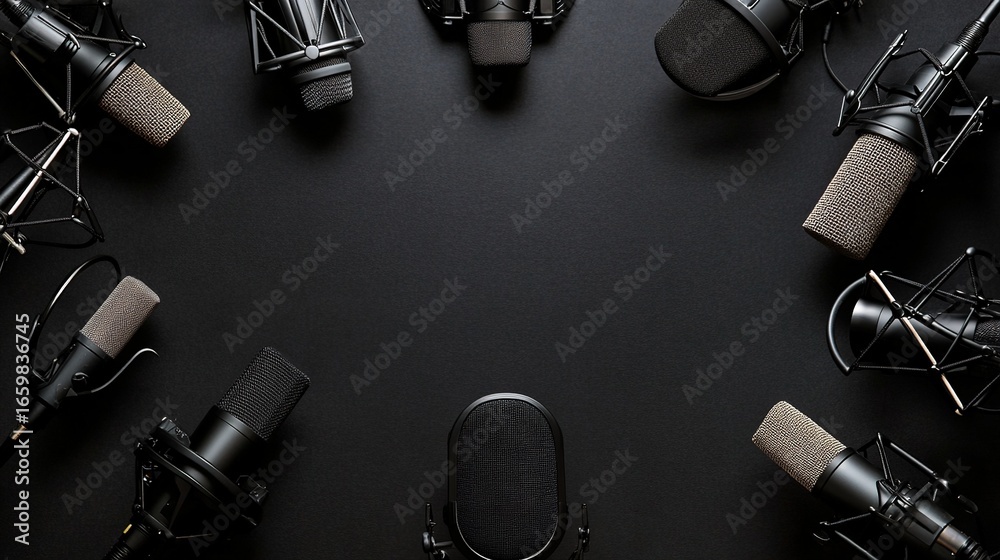 Naklejka premium Framed composition with condenser mics and regular microphones around the corners of a deep black background, leaving the center open and empty.
