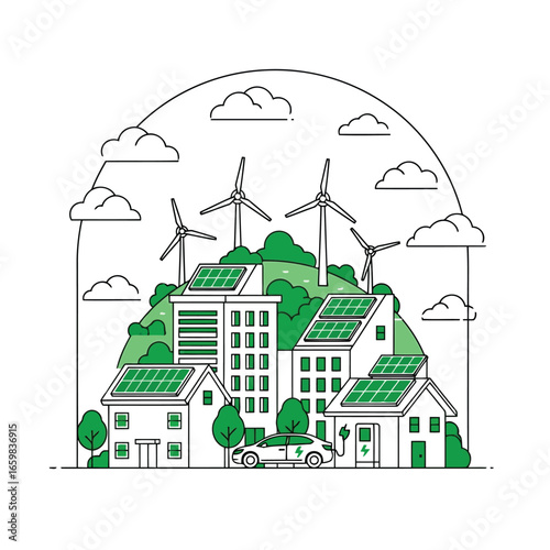 Vector illustration of sustainable ecofriendly city with renewable energy sources like solar panels and wind turbines