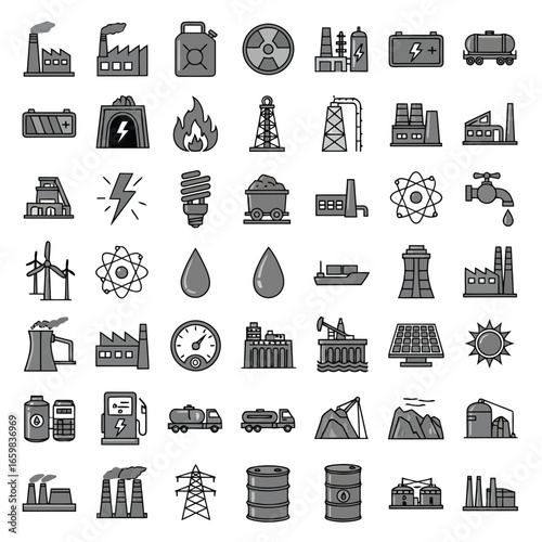 Vector illustration of collection of industrial and energyrelated icons, including factories, power plants, oil rigs, and renewable energy sources