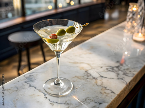 Elegant Martini with Olives on Marble Bar Counter