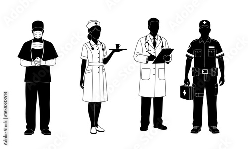 A set of 4 black silhouettes of hospital personnel: a surgeon, a nurse, a doctor with a clipboard, and a paramedic. Professional medical figures