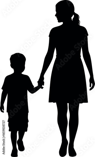 Silhouette of a mother and child walking hand in hand together creating a cherished family moment vector