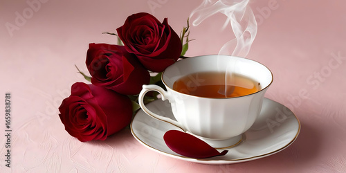 A still life of red roses and a steaming cup of tea on a saucer against a pink textured background