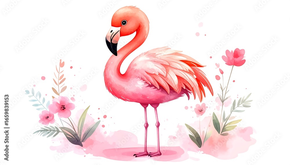Naklejka premium Cute flamingo with flowers. Watercolor style