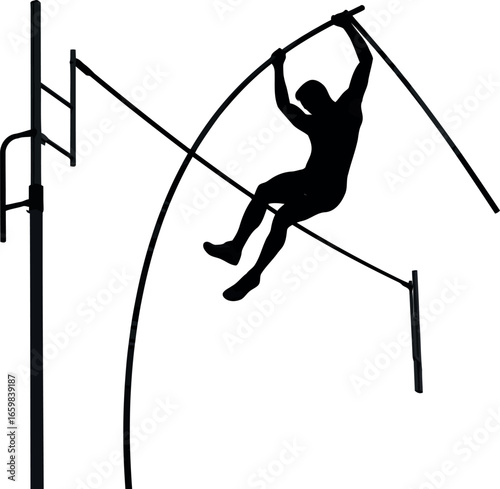 Dynamic silhouette of an athlete performing pole vaulting over a bar during a competition vector