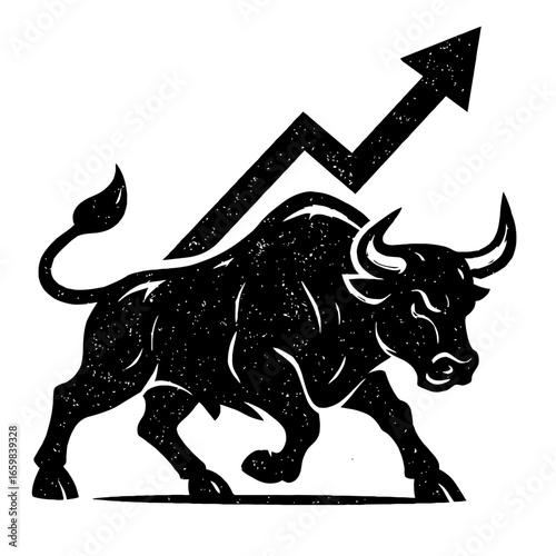 Bull Market Vector Illustration - Distressed Black and White Icon for Financial News and Investment Graphics