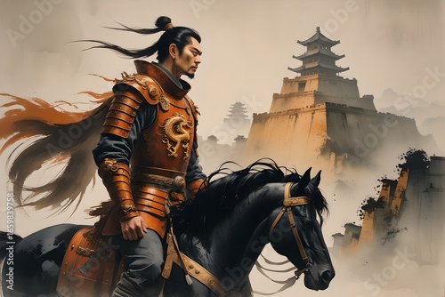 Ancient Chinese Warrior on Horseback in Front of Imperial Fortress Generative AI