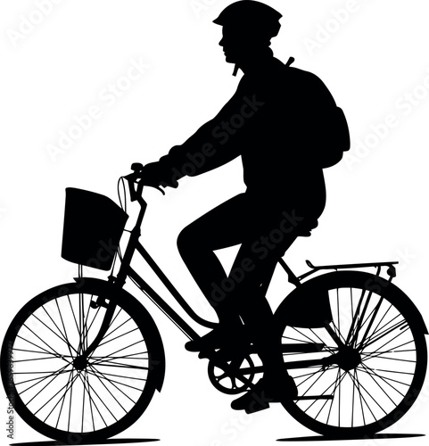 Rider silhouette cycling portrait single person on bicycle with basket and backpack outdoor activity transportation graphic vector