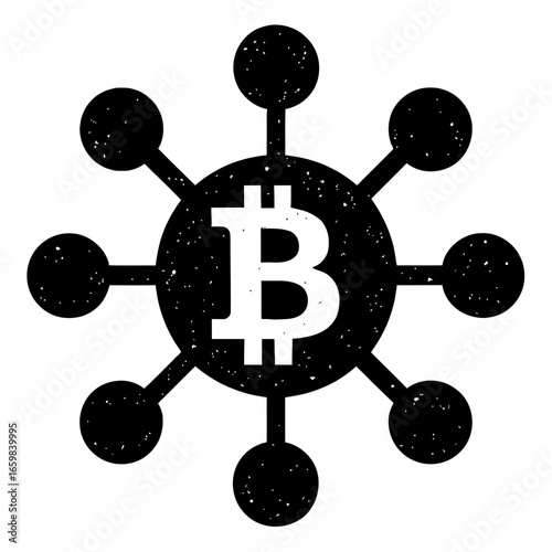 Hand Drawn Bitcoin Network Graphic with Nodes - Abstract Black and White Technology Illustration