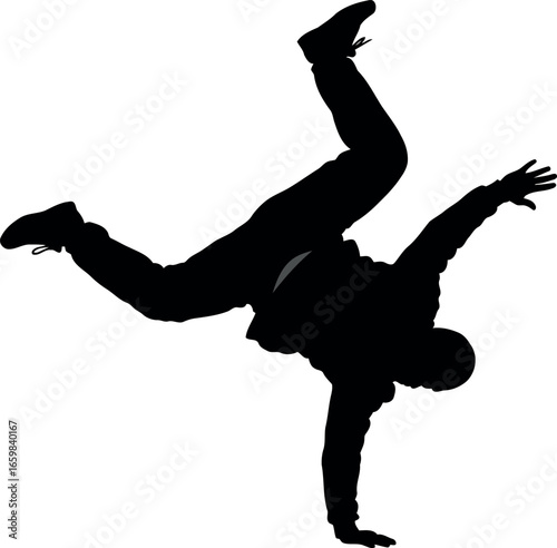 Dynamic breakdancer silhouette performing acrobatics capturing hip hop culture movement and energy vector