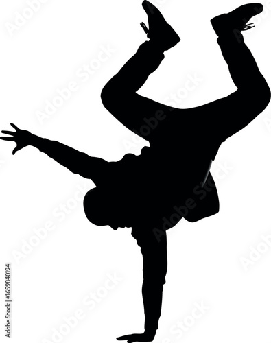 Dynamic silhouette of a breakdancer performing an athletic power move on one hand vector