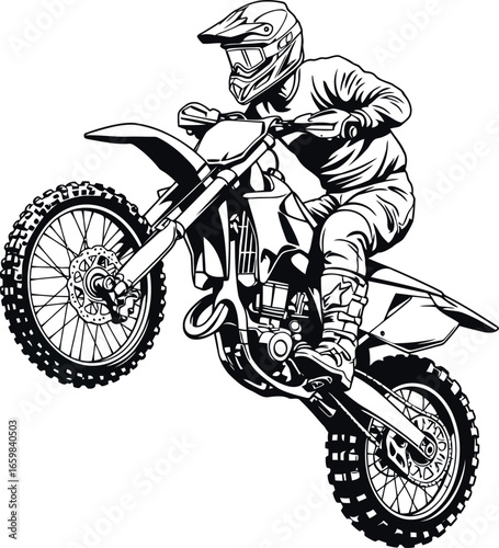 Dynamic silhouette of motocross rider performing a wheelie action on a dirt bike vector