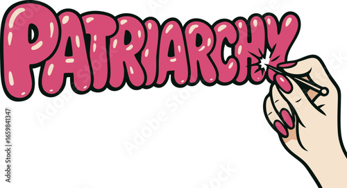 Feminine Hand Popping Patriarchy Text – Satirical Anti-Patriarchy Artwork