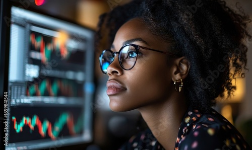 Inclusive image of a Black female IT developer working on a computer in a dark office, analyzing crypto stock market data. This portrays the role of African American women, Generative AI