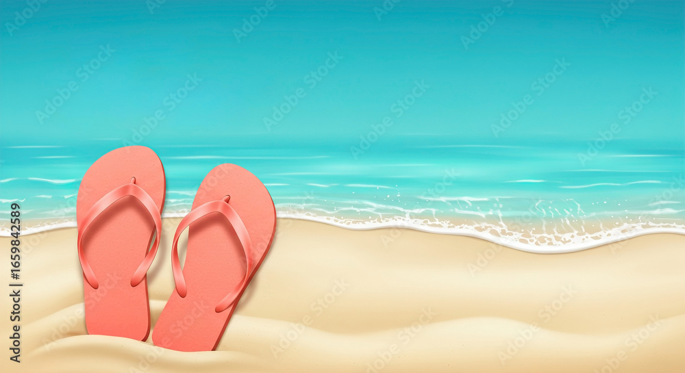 Naklejka premium Bright flip flops resting in soft sand next to gentle waves on a sunny beach