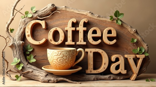 Celebrating coffee day with rustic decor and a beautiful cup in a cozy environment