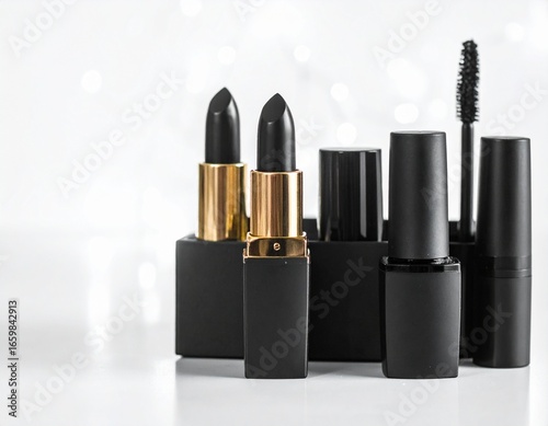 Close-up of black lipsticks with gold accents, nail polish, and mascara arranged on a white surface with bokeh background.