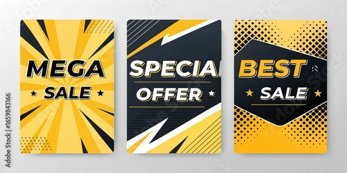 Dynamic yellow and black sale banners with bold typography