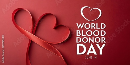 World blood donor day red ribbon heart symbol