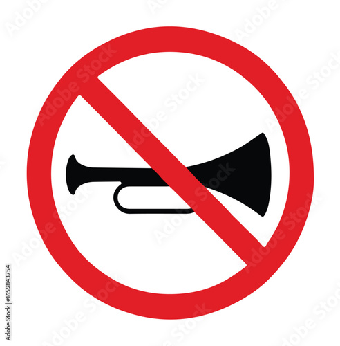 Silent Zone: A bold red prohibition sign silences the air, depicting a classic horn with a stark red slash, representing tranquility and noise reduction in a minimalist composition. 