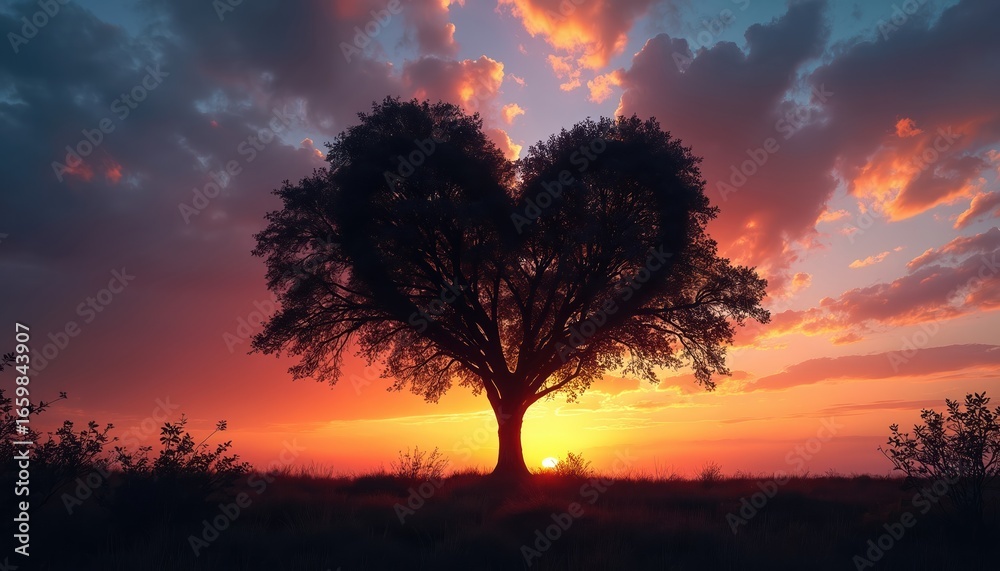 Obraz premium Majestic tree silhouette with heart shaped leaves against vibrant sunset. Dramatic sky with clouds. Calmness, beauty of nature in landscape. Warm sunlight, peaceful rural scenery, idyllic tranquil