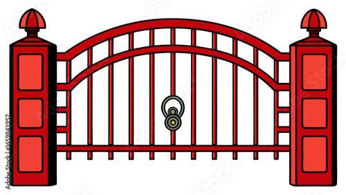 Forged modern gates with lock isolated over dark red background vector illustration.
