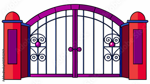 Forged modern gates with lock isolated over dark purple background vector illustration.
