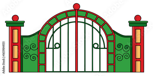 Forged modern gates with lock isolated over dark green red background vector illustration.
