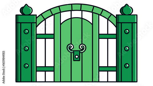 Forged modern gates with lock isolated over dark green background vector illustration.
