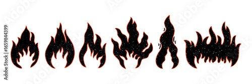 Fire Flame Doodle Icon Set. Hot Vintage Smoke. Vector Retro Illustration