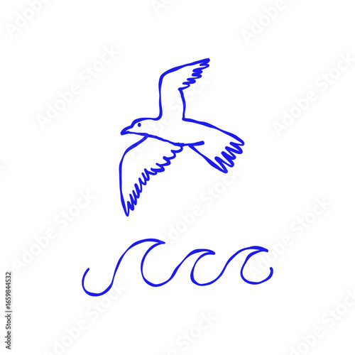 Seagull Bird with Wavy Line Drawing. Sea Gull Bird Marine Tattoo. Vector Engraving Doodle Illustration