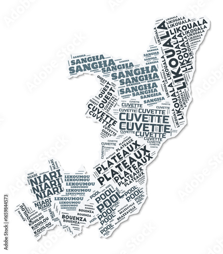 Republic of the Congo shape text cloud. Country border with shadow on white background. Republic of the Congo with regions division in vintage gazette style. Elegant vector illustration.