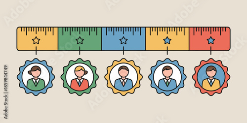 Illustration of a timeline with five colorful sections and corresponding employee profile icons below