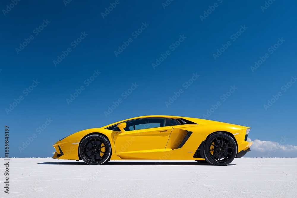 Fototapeta premium Yellow sports car on salt flats, High speed automotive concept
