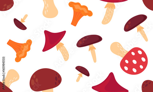Mushroom seamless pattern. Edible and poisonous mushrooms, chanterelles, porcini mushroom, fly agarics. Autumn cozy background. Hand drawn flat vector illustration