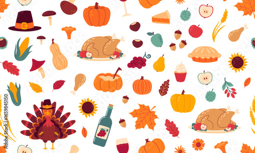 Seamless pattern with pumpkins. Autumn cozy background. Fall theme, Halloween, Thanksgiving concept. Flat Vector illustration