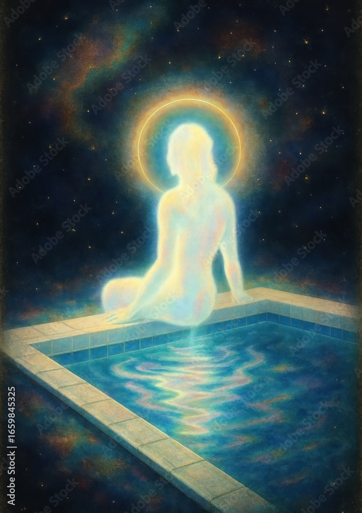 Fototapeta premium Ethereal figure reflecting tranquility.