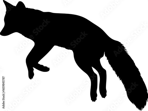 A bold, graphic silhouette of a fennec fox in mid-leap, profile view, its bushy tail extended behind it, rendered in solid black against plain white.