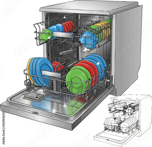Inside View An Open Dishwasher Sketch