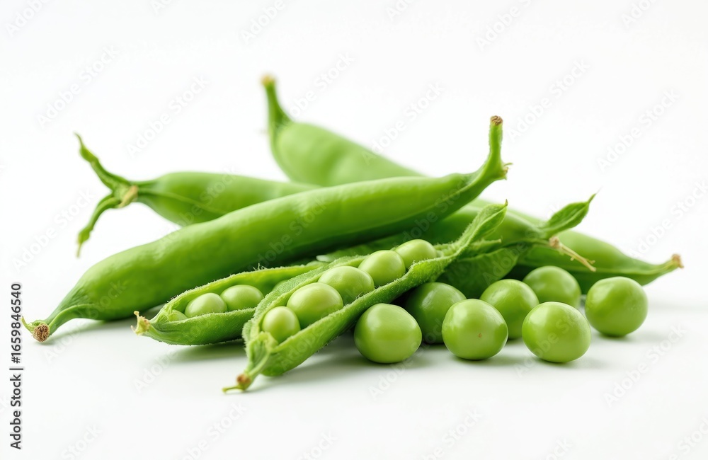 Fresh green peas in pods on white background. Healthy organic plant food. Raw, natural source of protein, vitamins, fiber, dietary nutrients. Ingredient for spring, summer meals. Close-up, isolated Fresh green peas in pods on white background. Healthy organic plant food. Raw, natural source of protein, vitamins, fiber, dietary nutrients. Ingredient for spring, summer meals. Close-up, isolated