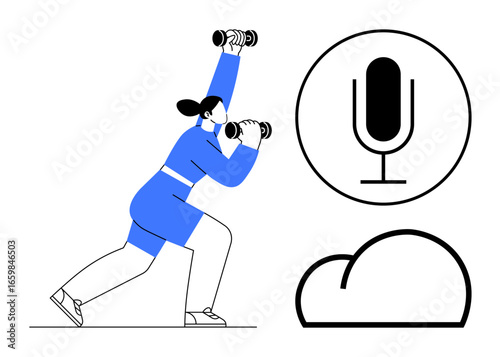 Woman lifting dumbbells in an athletic stance, large microphone icon symbolizing audio, and a cloud depicting online storage. Ideal for fitness, technology, health, podcast, audio recording, app