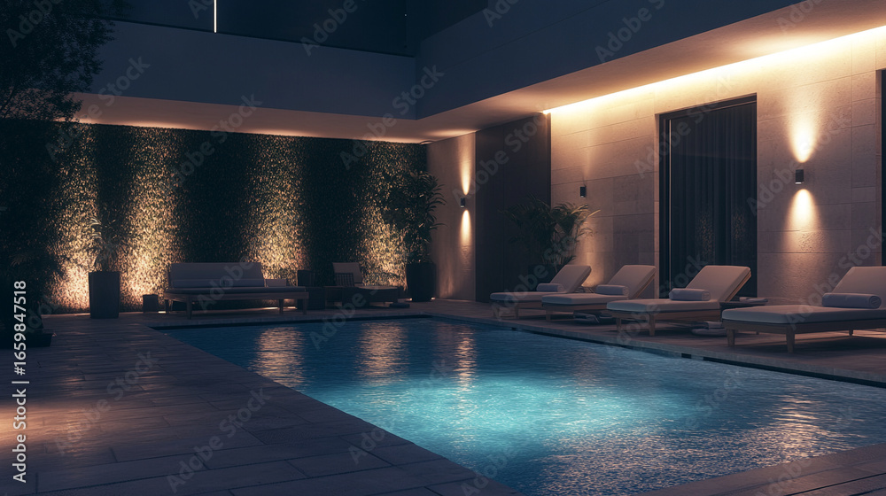 Fototapeta premium Modern backyard pool area at twilight