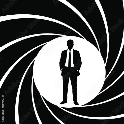 Silhouette of Secret Agent in Gun Barrel Frame, Spy Figure in Suit, Classic James Bond Style, Iconic Espionage Theme Vector Illustration